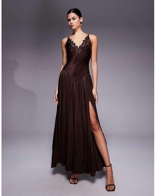 Bardot Purple Aderia Satin Plunge Lace Trim Slit Front Maxi Dress