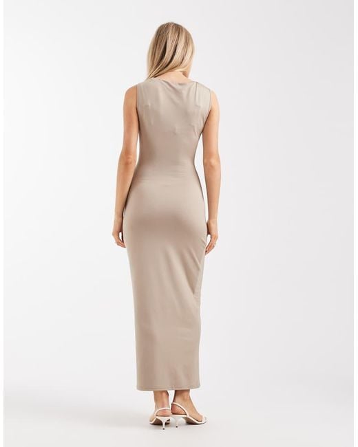 4th & Reckless Natural Slinky Sleeveless Ruched Slash Neck Maxi Dress