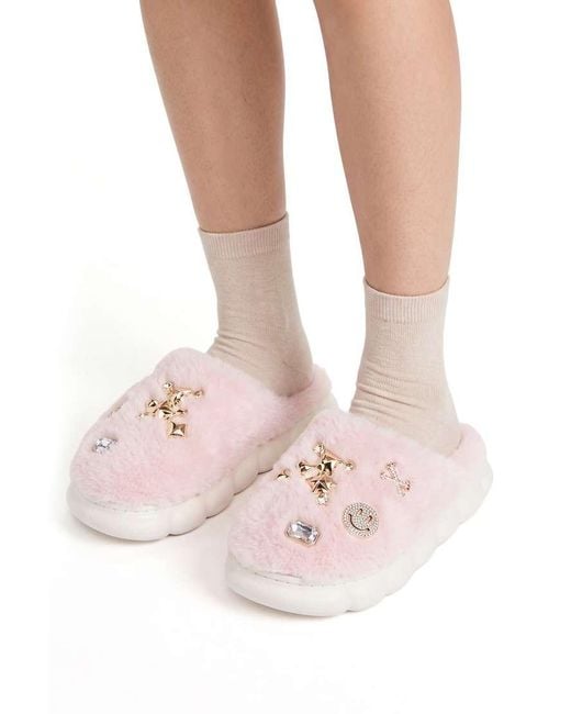 SEQWL White Fluffy Mule Slippers Warm Slip Ons With Charm Details