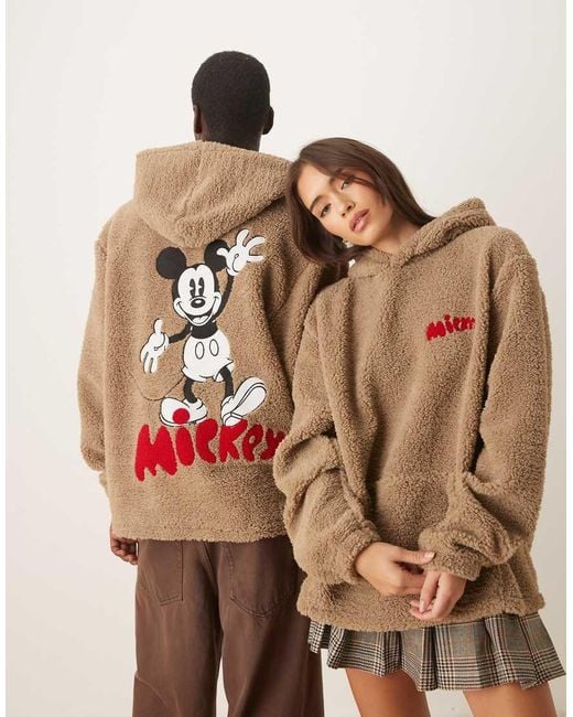 ASOS Brown Disney Relaxed Borg Hoodie With Mickey Mouse Print