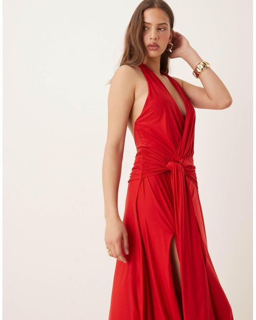 Abercrombie Knot Front Dress Abercrombie Fitch Halter Neck Elevated Jersey  Knot Front Maxi Dress In Red