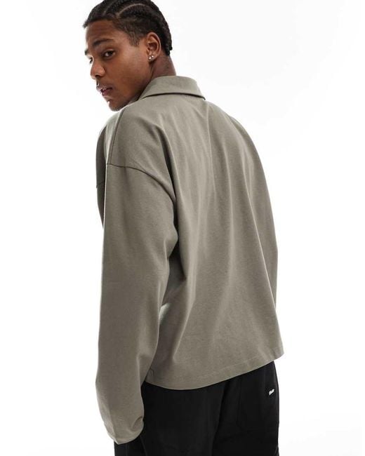 ASOS Gray Oversized Boxy Long Sleeve Polo With Deep V Neck for men