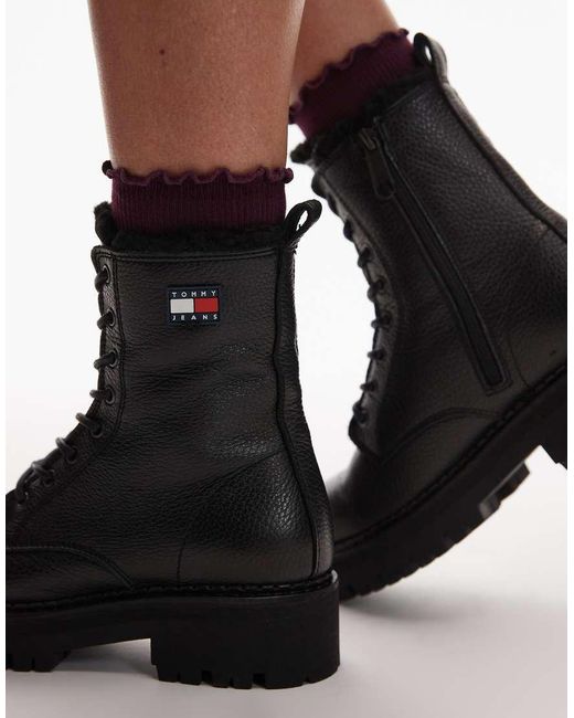 Tommy Hilfiger Black Urban Lace Up Hiker Boots With Fur Lining