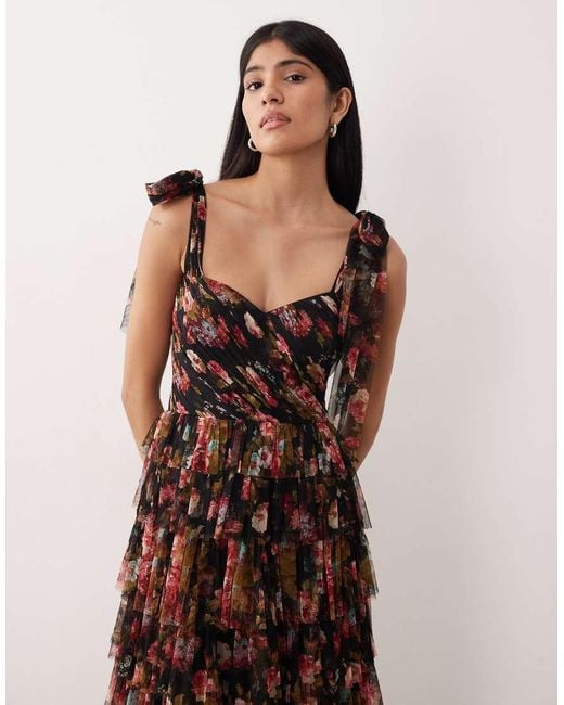 LACE & BEADS Brown Tulle Bow Shoulder Tiered Maxi Dress