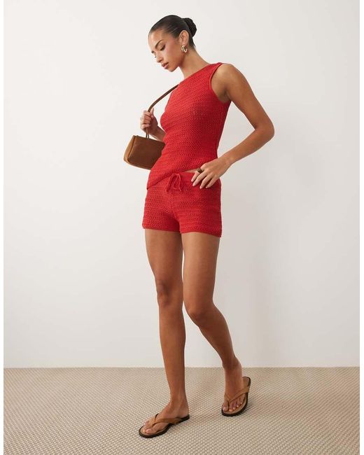 ASOS Red Knitted Cinched Crochet Asymmetric Top Co Ord