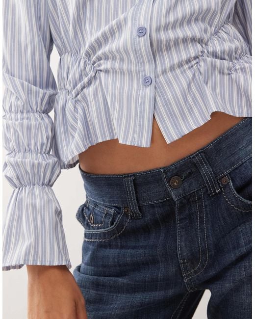Lioness Blue Manor Shirred Sleeve Detail Button Front Cropped Shirt