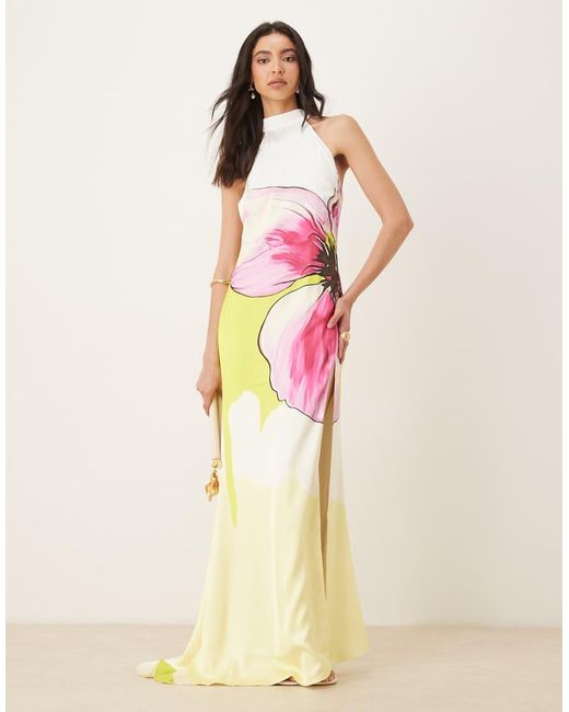 JW PEI Natural Halter Neck Thigh Split Detail Extreme Train Satin Maxi Dress