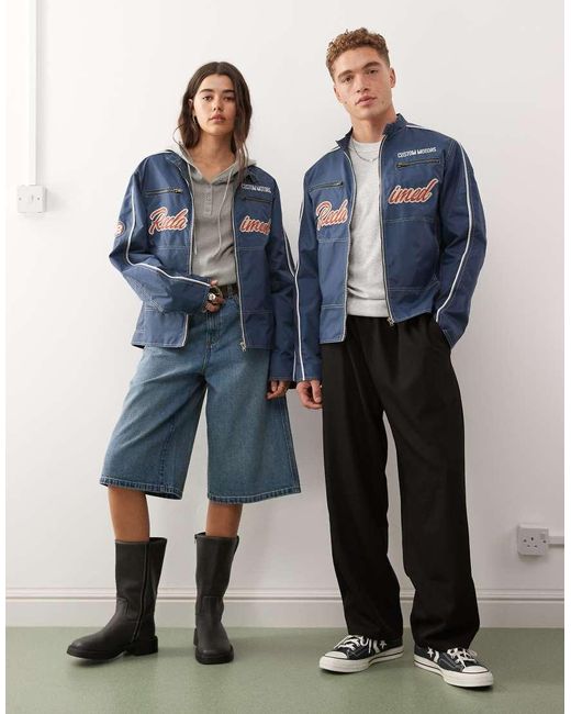 Reclaimed Vintage Blue Unisex Nylon Motor Jacket With Logo Badges And Embroidery