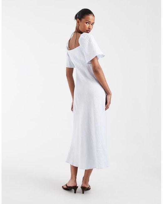 & Other Stories White Linen Puff Sleeve Midaxi Dress With Twist Sweetheart Neckline