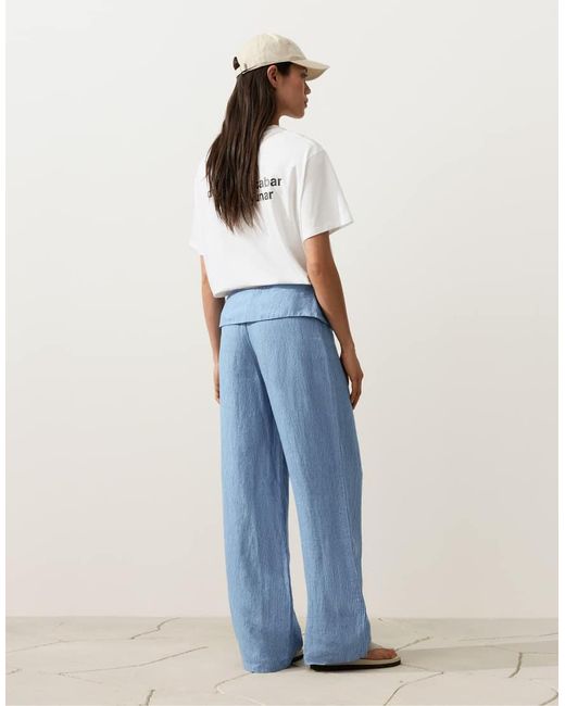 Oysho Blue 100% Linen Straight-leg Trousers With Turn-up Waist