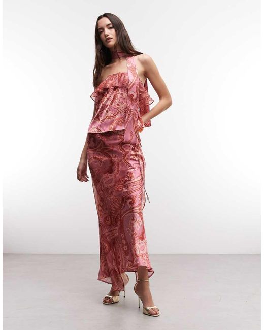 Reclaimed Vintage Red Limited Edition Satin Bandeau Top With Frill Detail And Scarf