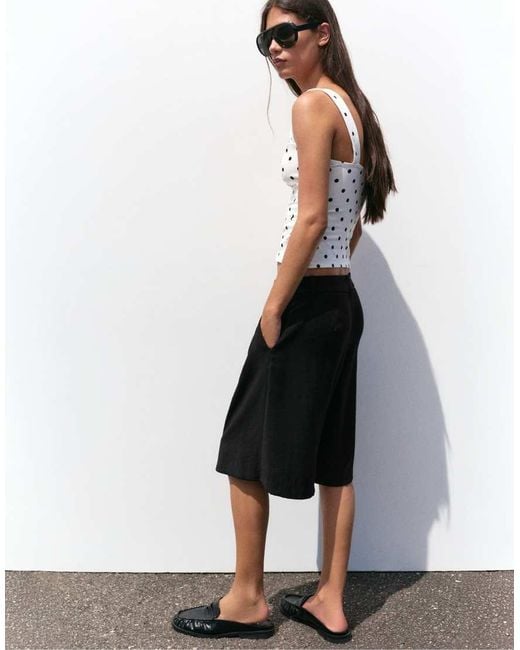 Pull&Bear White Long Darted Bermuda Shorts
