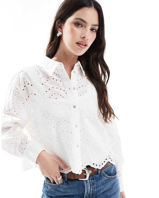 ONLY Cropped Overhemd Van Pointelle in het White