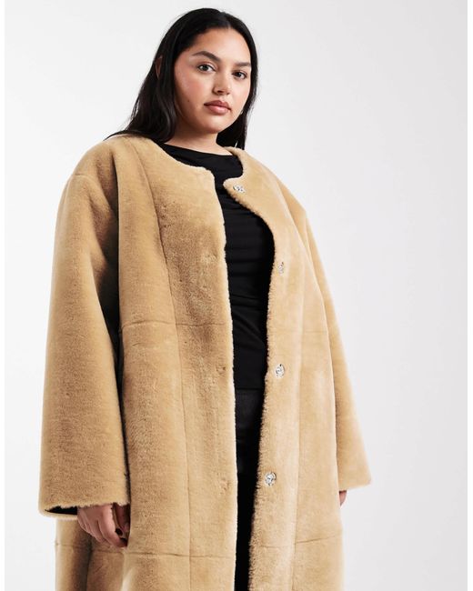 ASOS Brown Asos Design Curve Collarless Bonded Faux Fur Coat