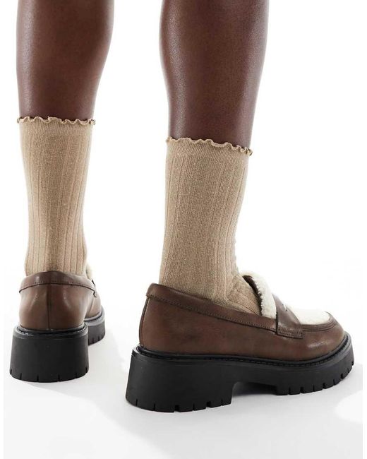 London Rebel Brown Olivia Contrast Teddy Fur Chunky Loafers