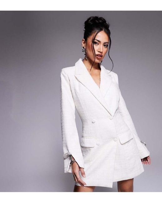 In The Style White X Perrie Sian Exclusive Structured Embellished Bow Detail Boucle Blazer Mini Dress