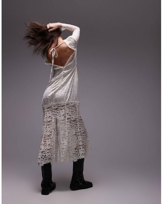 TOPSHOP White – langärmliges maxikleid aus geknittertem satin und spitze