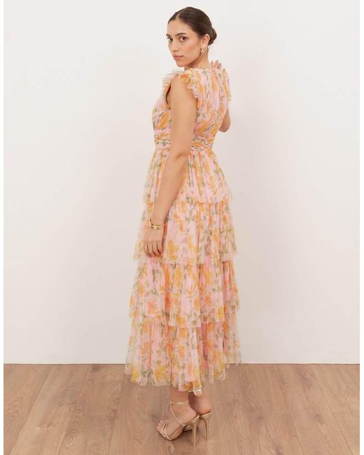 ANAYA Natural Floral V Neck Tiered Midaxi Dress