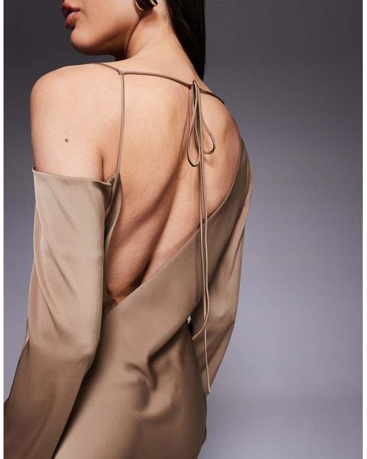 ASOS Brown Asos Design Tall Asymmetric Neckline Tie Back Midi Dress