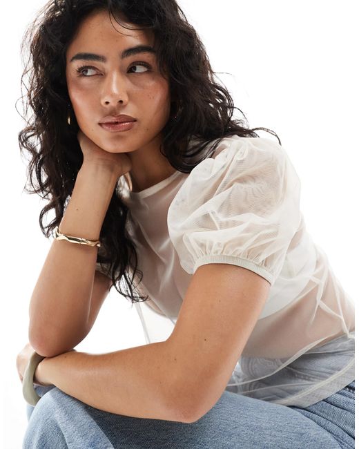 ASOS White Boxy Tee With Tulle Layered Puff Sleeve