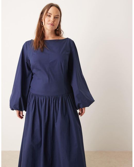 ASOS Blue Asos Design Curve Poplin Maxi Dress With Asymmetric Waist And Volume Sleeves