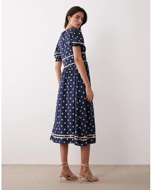 Nobody's Child Blue Saffy Puff Sleeve Lace Detailing Button Up Midi Dress