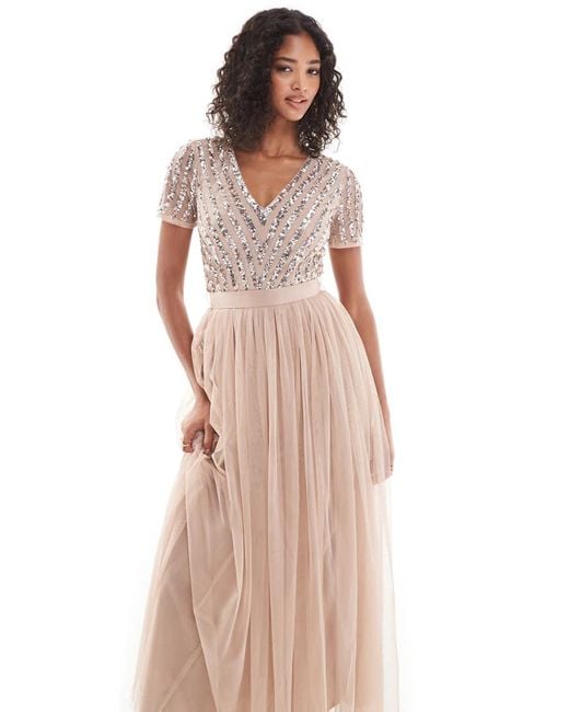 Maya Natural Belted Stripe Embellished Bridesmaid Maxi Dress