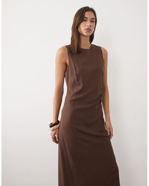Mango Brown Ruched Side Sleeveless Midi Dress