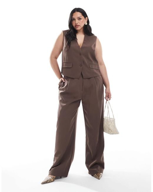 Pieces Plus Brown Pieces Curve Tailored Multiway Button Leg Trouser Co-ord