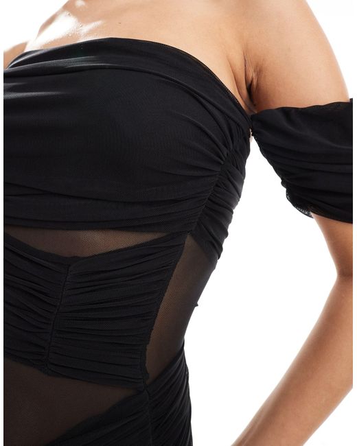ASOS Black Bardot Ruched Mesh Panel Mini Dress