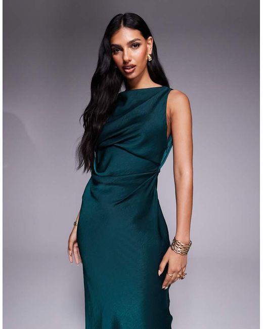 ASOS Blue Drape Bodice Satin Maxi Dress With Cowl Back Detail