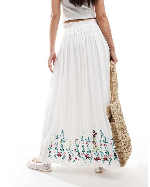 Y.A.S White Festival Embroidered Maxi Boho Skirt With Tie Waist