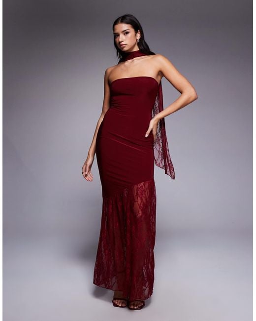 fashion killa dress Fashionkilla Exclusive Double Sculpted Slinky Bandeau Sheer Lace Hem Scarf  Detail Maxi Dress in Red