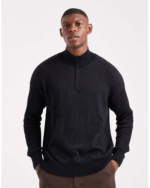 Hollister Blue Boxy Ribbed Quarter Zip Jumper for men