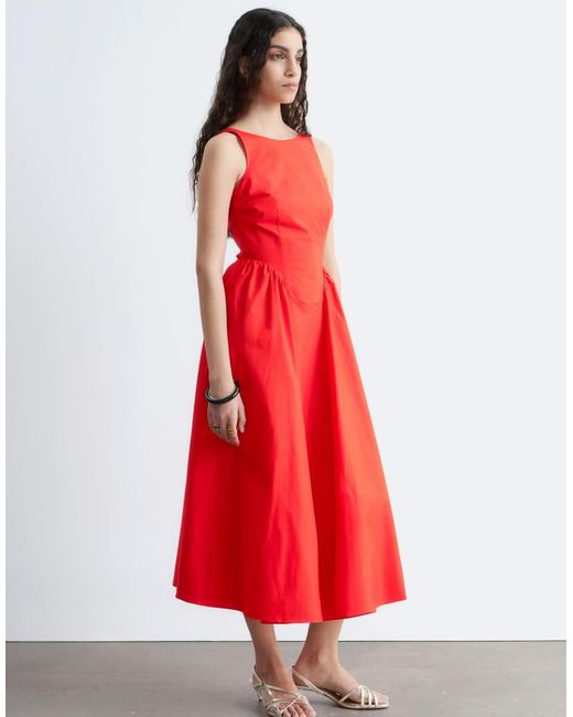 & Other Stories Red Rich Cotton Volume Waist Hem Midi Dress