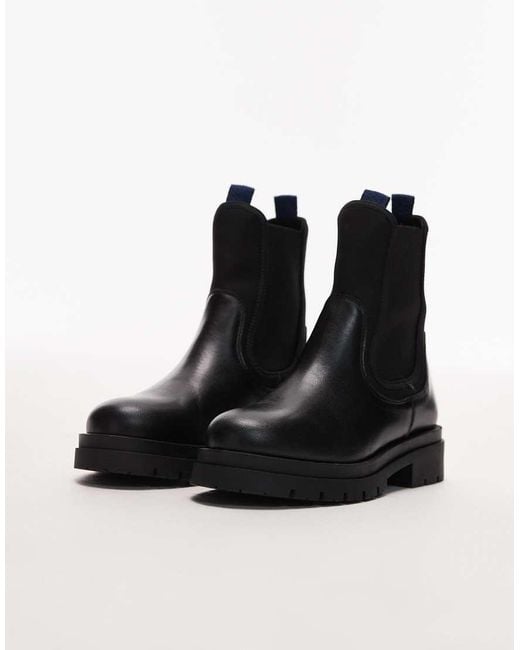 & Other Stories Black Leather High Ankle Boots With Elasticated Sides And Pull Tab Cuffs