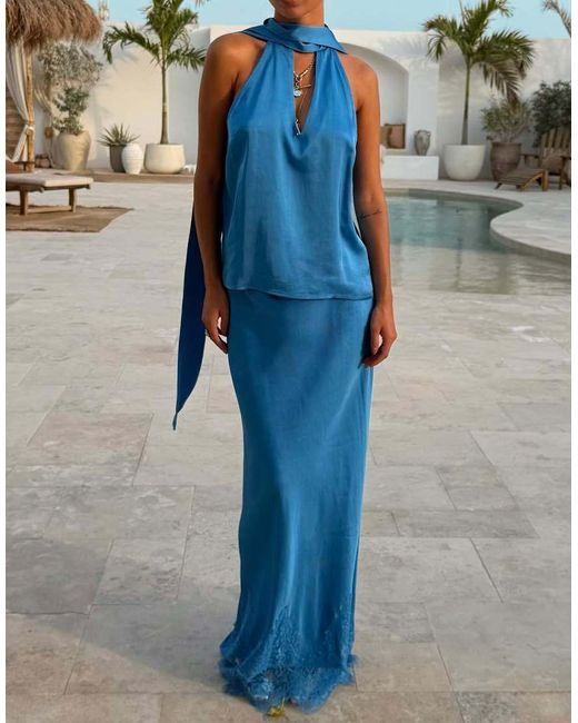 Never Fully Dressed Blue Satin Plunge V Neck Scarf Detail Top