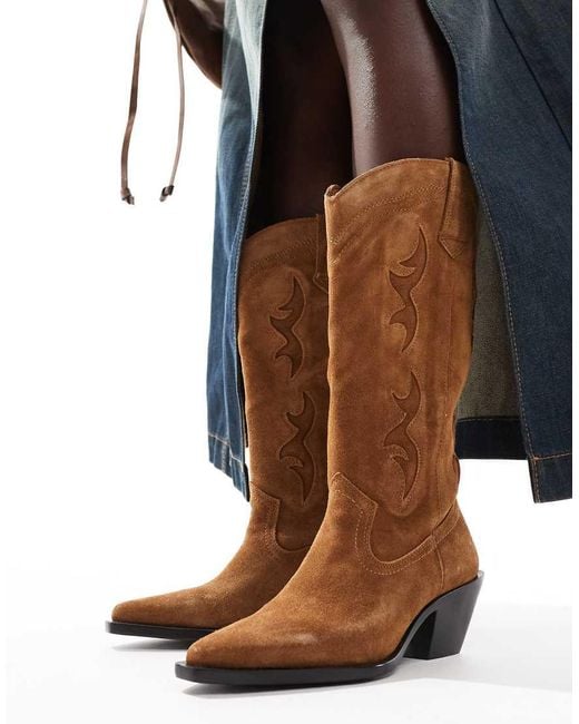 Stradivarius Brown Suede Look Heeled Cowboy Boot