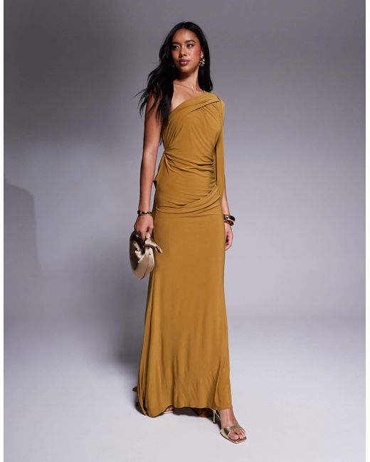 ASOS Metallic Premium Asymmetric One Sleeve Maxi Dress With Draped Back