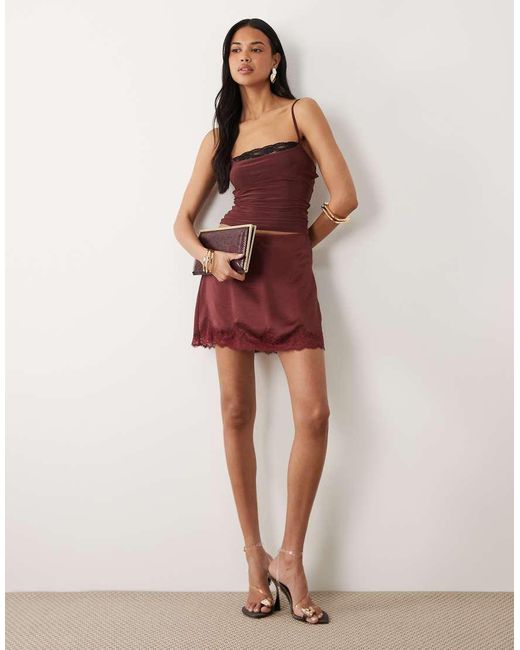 ASOS Red Slinky Square Neck Skinny Strap Cami Top With Lace Trim