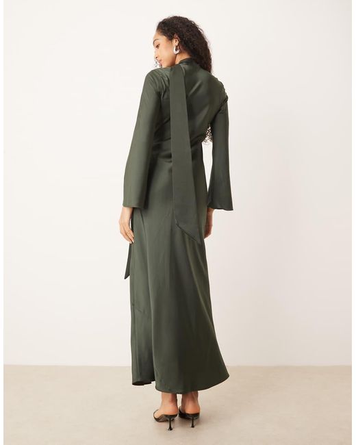 ASOS Green V Neck Scarf Detail Long Sleeve Maxi Dress
