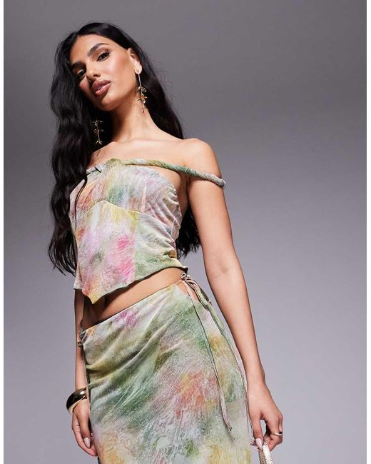 ASOS Multicolor Mesh Bardot Faux-ord With Twisted Straps Maxi Dress