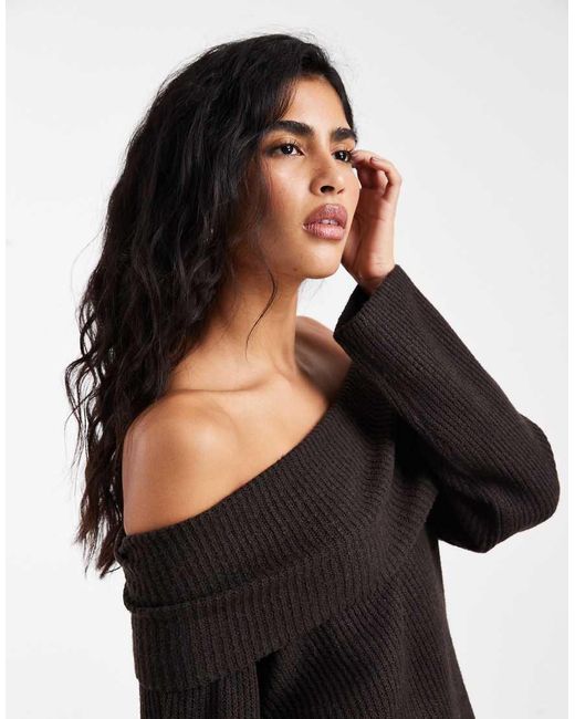 Vero Moda Black Ribbed Knitted Fold Over Bardot Jumper
