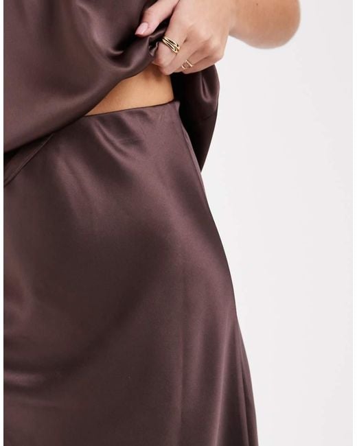 ONLY Brown Asymmetric Satin Lace Midi Skirt