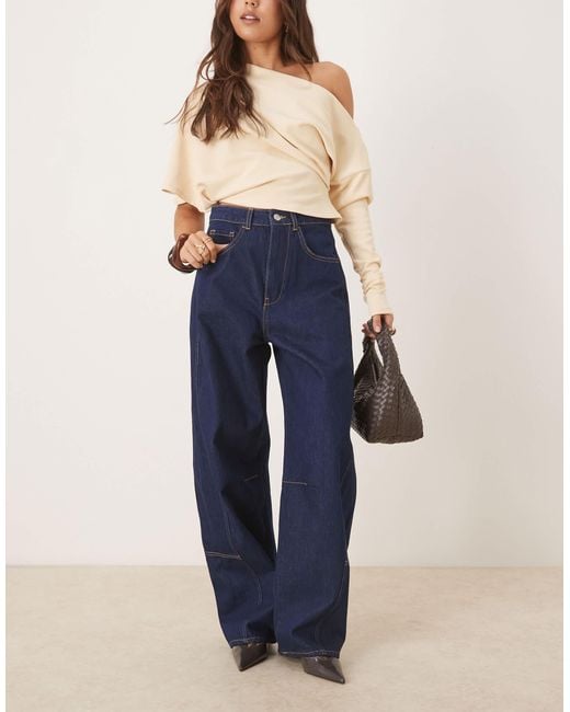ASOS Blue High Waist Barrel Leg Jean With Panel Detail