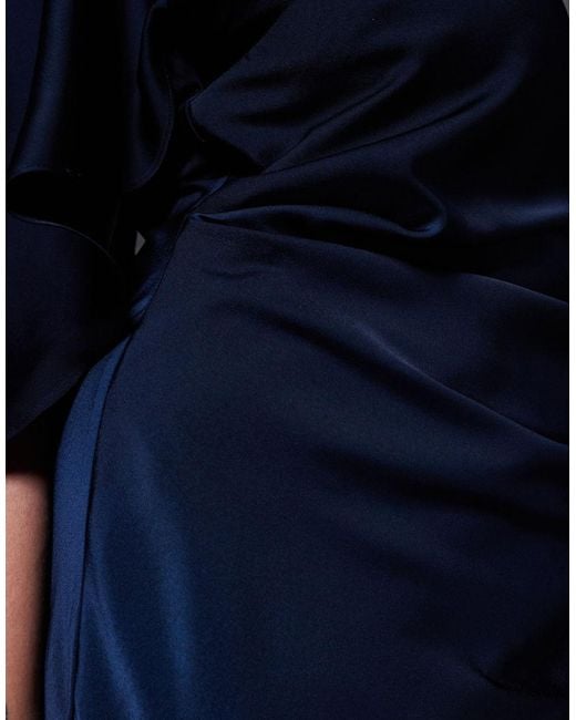 ASOS Blue Asos Design Curve Satin Ruffle Cape Sleeve Maxi Dress With Open Back Detail And High Split