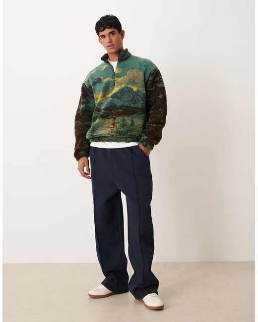ASOS Green Relaxed Borg Quarter Zip Sweatshirt With Scenic Print for men