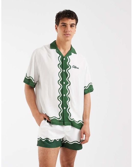 ASOS Green Relaxed Revere Shirt With Chest And Border Print for men