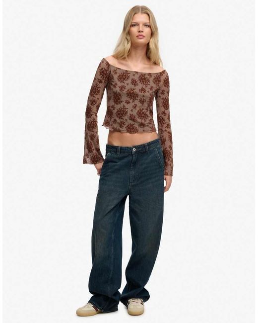 Superdry Brown Flocked Mesh Long Sleeve Top