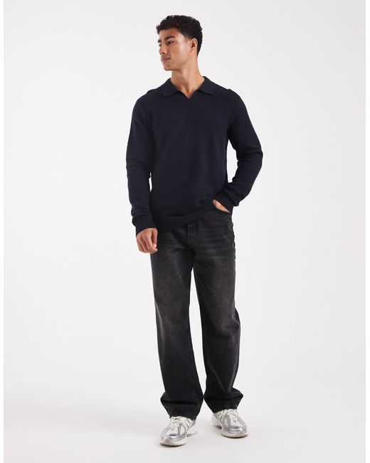 Jack & Jones Blue Premium Knitted Long Sleeve Polo for men